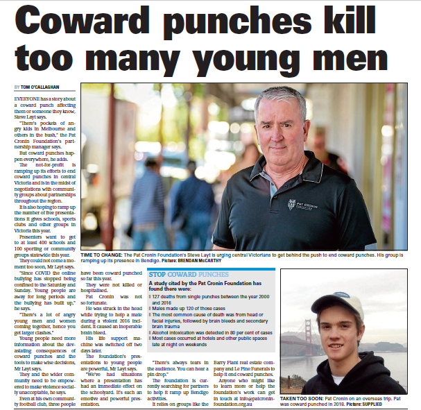 Tear-out of a newspaper article headlined Coward Punches Kill Too Many Young Men
